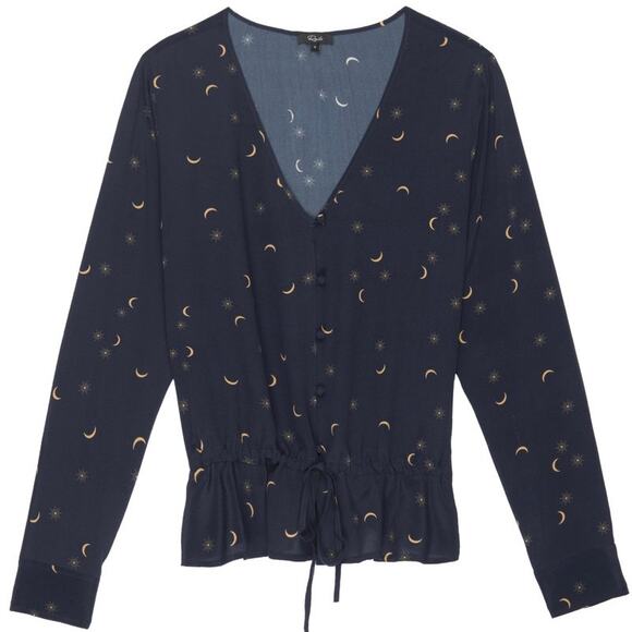 NWT Rails Beaux Ruffle Waist Navy Crescent Moon Silk Blouse -XS - Picture 1 of 13